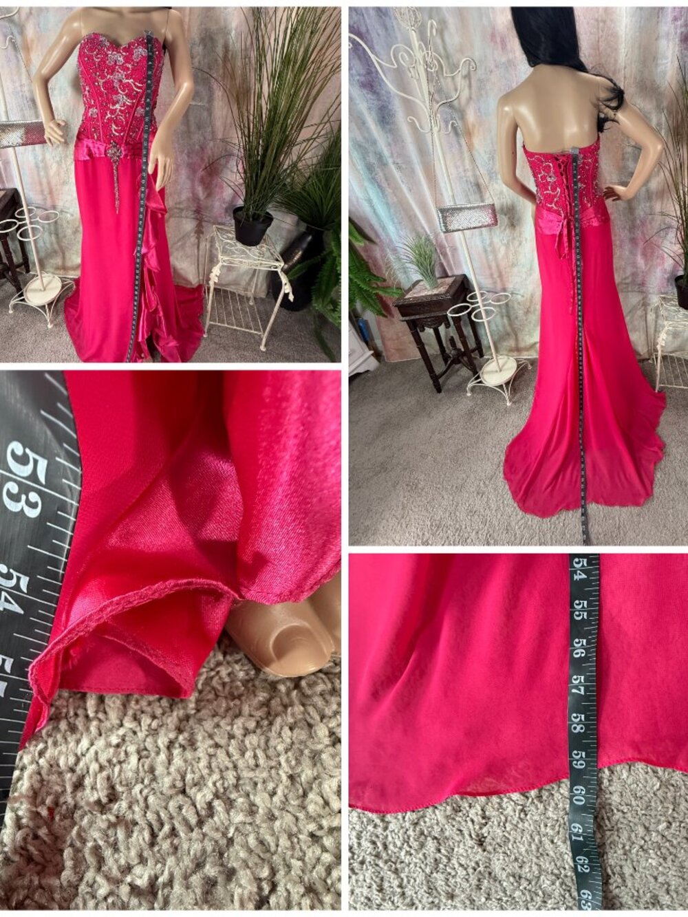 📌Fiesta Hot Pink Strapless Beaded Bodice & Ruffled Slit Formal - Prom Gown - Picture 12 of 15